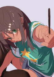 Rule 34 | 1girl, armpit crease, black thighhighs, breasts, brown hair, closed mouth, covered erect nipples, denim, denim shorts, feet out of frame, food, food in mouth, foreshortening, fu-ta, green eyes, green shirt, grey background, hair ornament, highres, holding, holding food, holding pocky, light blush, long hair, looking at viewer, medium breasts, multicolored shirt, no bra, original, panties, panty peek, pocky, pocky in mouth, print shirt, shirt, short sleeves, shorts, sidelocks, simple background, solo, star (symbol), star hair ornament, swept bangs, thighhighs, underwear, white panties, white shirt, white trim