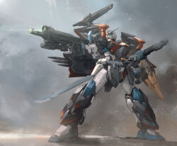 Rule 34 | aiming, arm at side, beam rifle, clenched hand, duel blitz gundam, energy gun, finger on trigger, green eyes, gun, gundam, gundam seed, gundam seed freedom, highres, holding, holding gun, holding weapon, legs apart, mecha, mecha focus, mobile suit, no humans, outdoors, robot, science fiction, shoulder cannon, smoke, solo, standing, sword, turning head, v-fin, weapon, windforcelan