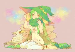 Rule 34 | +2, 1girl, alraune (p&amp;d), animal, armlet, bad id, bad pixiv id, bare shoulders, bird, blush, boots, breasts, cleavage, closed eyes, cosplay, dress, fairy, fairy wings, flower, full body, green hair, green hat, hair flower, hair ornament, hand on headwear, hat, long hair, multiple wings, odin (p&amp;d), odin (p&amp;d) (cosplay), purple background, puzzle &amp; dragons, scarf, simple background, sitting, smile, solo, sparkle, thighhighs, very long hair, white dress, white thighhighs, wings, witch hat, yellow footwear, zettai ryouiki