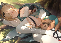 Rule 34 | 1girl, animal on leg, black gloves, blonde hair, breasts, chest sarashi, cleavage, closed mouth, cowengium, drooling, fingerless gloves, gloves, grass, green skirt, hair ornament, hand on own stomach, haori, head rest, hololive, japanese clothes, kazama iroha, leaf hair ornament, long hair, lying, on ground, on side, open mouth, outdoors, pleated skirt, pokobee, ponytail, sarashi, skirt, sleeping, tanuki, thigh strap, thighhighs, tree, virtual youtuber, white thighhighs