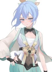 Rule 34 | 1girl, black gloves, blue eyes, blue hair, chest sarashi, fawny, frown, gloves, hair ornament, hand on own hip, haori, highres, hololive, hoshimachi suisei, japanese clothes, kazama iroha, kazama iroha (1st costume), leaf hair ornament, looking at viewer, navel, partially fingerless gloves, sarashi, simple background, star (symbol), star in eye, stomach, symbol in eye, virtual youtuber, white background