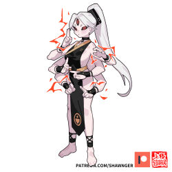 Rule 34 | 1girl, barefoot, choker, dice clan, electricity, hand signs, highres, multiple arms, pale skin, patreon logo, red eyes, shawnger, unusual pupils, watermark, white hair, wristband