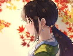 Rule 34 | 1girl, arms at sides, autumn leaves, black hair, blush, breasts, casual, closed mouth, earrings, embarrassed, eyelashes, female focus, from side, green eyes, green jacket, hood, hoodie, idolmaster, idolmaster cinderella girls, jacket, jewelry, kamille (vcx68), leaf, long hair, looking away, low twintails, maple leaf, medium breasts, nakano yuka, namco, nape, nature, neck, necklace, open clothes, open jacket, outdoors, profile, shirt, sidelocks, solo, standing, twintails, upper body, very long hair, white shirt