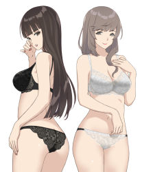 Rule 34 | 2girls, ass, back, black bra, black panties, blunt bangs, bra, breasts, brown eyes, brown hair, closed mouth, cowboy shot, from behind, girls und panzer, half-closed eyes, hand on own chest, highres, lace, lace-trimmed bra, lace-trimmed panties, lace trim, light frown, looking at viewer, looking back, mature female, medium breasts, multiple girls, nail polish, navel, nishizumi shiho, panties, pink nails, red nails, shimada chiyo, side-by-side, simple background, smile, standing, straight hair, underbust, underwear, underwear only, white background, white bra, white panties, yamano rita