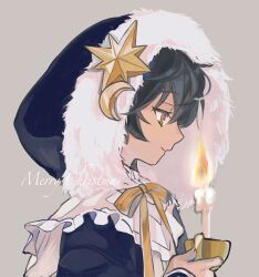 Rule 34 | 1boy, black hair, blue jacket, candle, candlelight, candlestand, crescent, facing to the side, grey background, highres, hoe satsuki, hood, hood up, jacket, long sleeves, looking down, mahoutsukai no yakusoku, male focus, merry christmas, short hair, snow (mahoutsukai no yakusoku), solo, star (symbol), yellow eyes