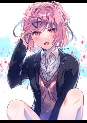 Rule 34 | 1girl, aicedrop, blazer, doki doki literature club, fang, hair ornament, hair ribbon, hairclip, jacket, letterboxed, looking at viewer, natsuki (doki doki literature club), open mouth, pink eyes, pink hair, ribbon, school uniform, short hair, simple background, solo, twintails, two side up