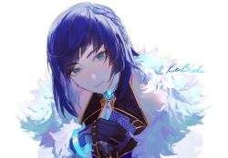 Rule 34 | 1girl, black gloves, blue eyes, blue hair, closed mouth, genshin impact, gloves, head tilt, jewelry, keibleh, looking at viewer, medium hair, necklace, signature, simple background, smile, solo, white background, yelan (genshin impact)