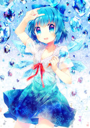 Rule 34 | 1girl, \m/, adapted costume, bad id, bad pixiv id, blue eyes, blue hair, blue theme, bow, cirno, collarbone, dress, fang, hair bow, holding, ice, ice wings, lace, looking at viewer, matching hair/eyes, microphone, musical note, namie-kun, open mouth, ribbon, short dress, short hair, short sleeves, smile, solo, touhou, v-neck, wings