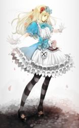 Rule 34 | 1girl, alice (alice in wonderland), alice in wonderland, bow, dress, flower, gloves, green eyes, hair bow, hair flower, hair ornament, highres, long hair, nana27, nana (nanalog76), outstretched arms, pantyhose, rose, shoes, solo, spread arms, striped clothes, striped pantyhose