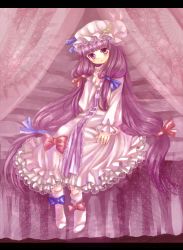 Rule 34 | 1girl, bad id, bad pixiv id, bed, bow, crescent hat ornament, female focus, hat, hat ornament, letterboxed, long hair, neme, patchouli knowledge, pink bow, purple hair, ribbon, solo, touhou
