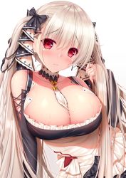 Rule 34 | 1girl, azur lane, between breasts, black dress, black ribbon, blush, breasts, cleavage, closed mouth, collarbone, dress, earrings, formidable (azur lane), hair ribbon, jewelry, large breasts, long hair, looking at viewer, red eyes, ribbon, simple background, solo, sweat, twintails, two-tone dress, two-tone ribbon, white background, white dress, white hair, white ribbon, yunagi amane