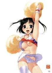 Rule 34 | 1girl, armpits, asymmetrical clothes, breasts, cheerleader, frilled panties, frills, highres, nipples, nishi iori, no bra, open clothes, open shirt, panties, pom pom (cheerleading), shirt, single thighhigh, solo, tank top, thighhighs, twintails, underwear