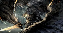 Rule 34 | 1boy, absurdres, covered face, dark souls (series), dark souls iii, grey hair, highres, holding, holding sword, holding weapon, huge weapon, ibuo (ibukht1015), lightning, long hair, male focus, messy hair, nameless king, solo, sword, weapon, zweihander