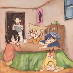 Rule 34 | 5girls, :d, = =, absurdres, alternate costume, animal ear fluff, animal ears, apron, black hair, blonde hair, blue shirt, bookshelf, brown eyes, casual, closed eyes, commentary, common raccoon (kemono friends), contemporary, cup, drooling, extra ears, fennec (kemono friends), fox ears, grey hair, hair between eyes, highres, hippopotamus (kemono friends), indoors, kaban (kemono friends), kajitsu ohima, kemono friends, kotatsu, long hair, long sleeves, multicolored hair, multiple girls, open mouth, orange shirt, poster (object), pot, raccoon ears, red hair, red shirt, serval (kemono friends), shirt, short hair, short ponytail, sitting, sleeping, smile, table, tatsuki (person), under kotatsu, under table, |d