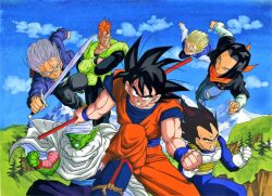 Rule 34 | 1girl, 5boys, android 16, android 17, android 18, black eyes, black hair, blonde hair, blue eyes, blue jeans, blue pants, brother and sister, colored skin, denim, dragon ball, dragonball z, father and son, gloves, green skin, jeans, multiple boys, muscular, muscular arms, namekian, ruyi jingu bang, official art, orange hair, pants, piccolo, pointy ears, purple hair, siblings, son goku, spiked hair, sword, tagme, trunks (dragon ball), trunks (future) (dragon ball), vegeta, weapon, white gloves