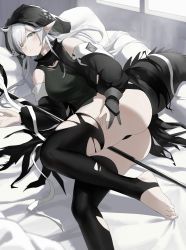 Rule 34 | 1girl, absurdres, ahoge, arknights, ass, bare shoulders, bed, bed sheet, bedroom, between thighs, black panties, black thighhighs, breasts, closed mouth, crocodilian tail, detached sleeves, fangfangtu, feet, gloves, grey hair, highres, hood, hood up, hooded shirt, indoors, large tail, long hair, looking at viewer, lying, on bed, on side, panties, partially fingerless gloves, pillow, pointy ears, single glove, solo, staff, tail, thighhighs, thighs, toeless legwear, tomimi (arknights), torn clothes, torn thighhighs, underwear, window, yellow eyes