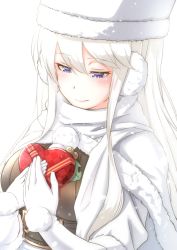 Rule 34 | 1girl, absurdres, azur lane, bell, blush, box, breasts, coat, commentary request, earmuffs, enterprise (azur lane), enterprise (reindeer master) (azur lane), gift, gift box, gloves, hat, heart-shaped box, highres, holding, holding gift, long hair, looking down, pom pom (clothes), purple eyes, scarf, silver hair, smile, solo, takatun223, underbust, upper body, white coat, white gloves, white hat, winter clothes, winter coat