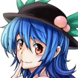 Rule 34 | 1girl, blush, female focus, food, fruit, hat, hinanawi tenshi, long hair, looking at viewer, lowres, pandora-ex, peach, simple background, smile, solo, touhou, white background