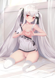 Rule 34 | 1girl, absurdres, ahoge, bare shoulders, black ribbon, blouse, blush, bottomless, breasts, chinese commentary, chinese text, cleavage, closed mouth, clothes writing, commentary request, curtains, day, hair between eyes, hair ribbon, head tilt, heart, heart-shaped boob challenge, heart ahoge, highres, indoors, large breasts, long hair, nipples, no shoes, off shoulder, on floor, original, pussy, red eyes, ribbon, shirt, short sleeves, simplified chinese text, sitting, smile, solo, sunlight, thighhighs, tile floor, tiles, tokisaki mio (niliu chahui), translation request, transparent, two side up, very long hair, wariza, white hair, white shirt, white thighhighs, window, xiaoyin li