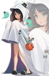 Rule 34 | 1girl, :q, absurdres, airi (blue archive), alternate costume, blue archive, brown hair, ghost costume, ghost pose, green eyes, green halo, halloween bucket, halloween costume, halo, highres, jack-o&#039;-lantern, long sleeves, looking at viewer, momocadraw, multiple views, pumpkin, sleeves past fingers, sleeves past wrists, smile, standing, tongue, tongue out