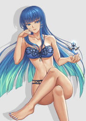 Rule 34 | 1girl, aqua hair, blue eyes, blue hair, blunt bangs, bow, bra, breasts, character request, cleavage, collarbone, crossed legs, gradient hair, grey background, hair bow, hand on own head, highres, invisible chair, long hair, looking at viewer, medium breasts, multicolored hair, nail polish, nairobi song, original, simple background, sitting, solo, tagme, thighs, toenail polish, toenails, toes, underwear, underwear only, very long hair