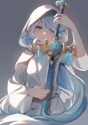 Rule 34 | 1girl, alternate costume, blue eyes, blue hair, closed mouth, dress, furina (genshin impact), genshin impact, hair between eyes, highres, holding, holding sword, holding weapon, long sleeves, looking at viewer, simple background, smile, solo, sword, tia mizuki, twitter username, weapon, white dress, white hood, white sleeves