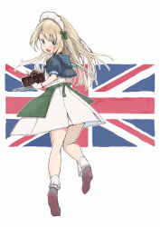 Rule 34 | 1girl, apron, blonde hair, blue eyes, blue sailor collar, cake, chocolate cake, dress, food, from behind, full body, gloves, green apron, holding, holding tray, jervis (kancolle), kantai collection, maid headdress, mary janes, matsutani, sailor collar, sailor dress, shoes, solo, tray, union jack, white dress, white gloves