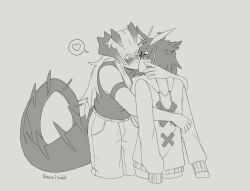 Rule 34 | 2girls, animal ears, arkiwi, arknights, armband, bird ears, blush, closed eyes, commentary, dragon girl, dragon horns, dragon tail, drawstring, english commentary, feather hair, greyscale, hand on another&#039;s face, heart, highres, hood, hoodie, horns, hug, hug from behind, kiss, long hair, long sleeves, medium hair, monochrome, multiple girls, saria (arknights), shirt, silence (arknights), sleeveless, sleeveless shirt, spoken heart, tail, yuri