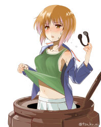Rule 34 | 1girl, blue jacket, blush, breasts, brown eyes, brown hair, clothes lift, commentary request, frown, girls und panzer, green shirt, half-closed eyes, highres, holding, holding microphone, hot, jacket, lifted by self, long sleeves, looking to the side, medium breasts, microphone, midriff, military, military uniform, nishizumi miho, off shoulder, ooarai military uniform, open clothes, open jacket, open mouth, partial commentary, shirt, shirt lift, short hair, simple background, skirt, solo, sweat, tank cupola, tank top, throat microphone, twitter username, uniform, water drop, white background, white skirt, yurikuta tsukumi