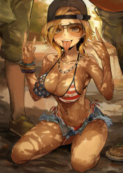 Rule 34 | 1girl, 2boys, absurdres, american flag bikini, bikini, black headwear, blonde hair, blue eyes, breasts, bulge, commentary, double m/, english commentary, erection, erection under clothes, flag print, grand theft auto, grand theft auto vi, hat, highres, jewelry, large breasts, looking at viewer, m/, mud, multiple boys, navel, navel piercing, necklace, piercing, pollenoxide, redneck girl (gta vi), short hair, sitting, striped bikini, striped clothes, sunglasses, swimsuit, teeth, tongue, tongue out, twitter username, upper teeth only, wariza