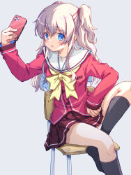 Rule 34 | 1girl, akayama yukihe, black socks, blue eyes, bow, brown skirt, cellphone, charlotte (anime), commentary request, foot out of frame, frown, grey hair, hand on own hip, highres, holding, holding phone, hoshinoumi academy school uniform, knee up, kneehighs, long hair, looking at viewer, miniskirt, no shoes, on chair, open mouth, phone, pleated skirt, red shirt, sailor collar, school uniform, serafuku, shirt, sidelighting, sidelocks, simple background, sitting, skirt, sleeves past wrists, smartphone, socks, solo, tomori nao, two side up, wavy hair, white sailor collar, yellow bow