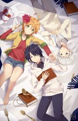 Rule 34 | 1girl, 2boys, ahoge, barefoot, bed sheet, black hair, black pants, blonde hair, blouse, blue eyes, blue shorts, book, bouquet, brown eyes, cardigan, closed mouth, collar, collarbone, collared shirt, emma (yakusoku no neverland), flower, fork, from above, green eyes, grey pants, hair over one eye, hands on stomach, highres, holding, holding bouquet, hood, hood down, hooded cardigan, huge filesize, k-rumi, long sleeves, lying, multiple boys, neck tattoo, norman (yakusoku no neverland), number tattoo, on back, open book, pants, ray (yakusoku no neverland), red flower, red shirt, shirt, short hair, short shorts, shorts, silver hair, smile, spoon, stuffed animal, stuffed toy, sweater, tattoo, white cardigan, white shirt, white sweater, wing collar, yakusoku no neverland