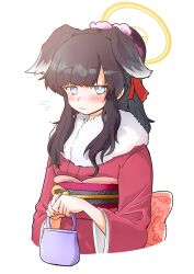Rule 34 | 1girl, alternate costume, animal ears, bag, black hair, blue archive, blue eyes, blunt bangs, blush, closed mouth, fur collar, halo, hariyaa, hibiki (blue archive), highres, holding, japanese clothes, kimono, long hair, long sleeves, looking at viewer, obi, ponytail, sash, simple background, solo, upper body, white background, wide sleeves, yukata