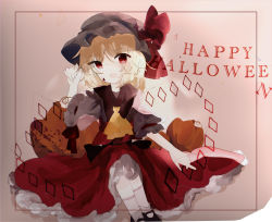 Rule 34 | 1girl, ascot, back bow, bad id, bad pixiv id, black bow, black footwear, blonde hair, blood, bow, commentary request, crystal, flandre scarlet, frilled shirt, frilled shirt collar, frilled skirt, frilled sleeves, frills, happy halloween, hat, hat ribbon, highres, kureha ki908, mary janes, mob cap, open mouth, puffy short sleeves, puffy sleeves, pumpkin, red bow, red eyes, red ribbon, red skirt, red vest, ribbon, shirt, shoes, short hair, short sleeves, skirt, smile, socks, solo, touhou, vest, wavy hair, white shirt, white socks, yellow ascot