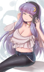Rule 34 | 1girl, alternate costume, arms up, black pantyhose, blunt bangs, blush, breasts, choker, cleavage, closed eyes, closed mouth, collarbone, commentary, contemporary, crescent, crescent hair ornament, denim, denim shorts, hair ornament, hair ribbon, headphones, highres, large breasts, long hair, midriff, namiki (remiter00), navel, no headwear, pantyhose, patchouli knowledge, purple hair, red ribbon, ribbon, shadow, shirt, short shorts, shorts, sitting, smile, solo, touhou, very long hair, white shirt
