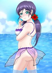 Rule 34 | 1girl, aqua eyes, arm between breasts, artist name, artist request, bare legs, bare shoulders, bikini, blue sky, blush, breasts, cleavage, cloud, collarbone, day, female focus, flower, green eyes, hair flower, hair ornament, half-closed eyes, heart, heart tattoo, highres, leg tattoo, long hair, long twintails, looking at viewer, looking back, love live!, love live! school idol festival, love live! school idol project, low twintails, medium breasts, ocean, outdoors, parted lips, purple flower, purple hair, purple skirt, red flower, sideboob, skirt, sky, smile, solo, swimsuit, tattoo, tojo nozomi, twintails, white bikini