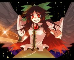 Rule 34 | 1girl, breasts, cape, clenched hand, female focus, grin, hair ribbon, red eyes, reiuji utsuho, ribbon, skirt, smile, solo, touhou, vica, wings