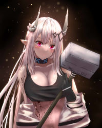Rule 34 | 1girl, absurdres, amu (amu loud7777), arknights, black background, black choker, black gloves, blush, breasts, choker, cleavage, commentary request, crop top, female focus, gloves, hammer, head tilt, highres, holding, holding hammer, holding weapon, infection monitor (arknights), large breasts, light smile, long hair, looking at viewer, material growth, midriff, mudrock (arknights), mudrock (elite ii) (arknights), navel, oripathy lesion (arknights), pink eyes, pointy ears, silver hair, solo, sports bra, stomach, upper body, weapon