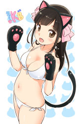 Rule 34 | 10s, 1girl, animal ears, animal hands, bikini, black hair, blush, breasts, brown eyes, brown hair, cat ears, cat girl, cat tail, character request, cleavage, cowboy shot, fang, female focus, front-tie top, gloves, hair ribbon, happy, impossible clothes, large breasts, long hair, looking at viewer, medium breasts, navel, nyakb, open mouth, outline, paw gloves, ribbon, side-tie bikini bottom, smile, solo, swimsuit, tail, topatopa, white bikini, youkai watch, yukiu con