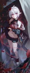 Rule 34 | 1girl, absurdres, ahoge, arm under breasts, bare shoulders, belt, black choker, black gloves, black jacket, black shorts, breasts, choker, closed mouth, commission, crop top, flower, from above, gloves, hair flower, hair ornament, highres, jacket, long sleeves, looking at viewer, mac star, medium breasts, midriff, navel, off shoulder, open clothes, open jacket, original, petals, pointy ears, purple eyes, red footwear, red shirt, second-party source, shirt, shoes, short hair, short shorts, shorts, sidelocks, sleeveless, sleeveless shirt, smile, solo, standing, stomach, thighs, white hair