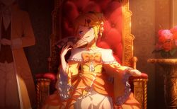 Rule 34 | aku no musume (vocaloid), blonde hair, blue eyes, detached collar, dress, evillious nendaiki, flower, frilled sleeves, frills, hair ornament, hairclip, hand fan, highres, holding, holding fan, indoors, kagamine len, kagamine rin, looking at viewer, off-shoulder dress, off shoulder, official art, project sekai, ribbon, siblings, smirk, solo focus, throne, vocaloid