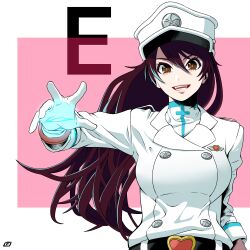 Rule 34 | 1girl, absurdres, badge, bambietta basterbine, belt, black belt, black hair, bleach, bleach: sennen kessen-hen, brown eyes, buckle, buttons, double-breasted, e (letter), gloves, hat, heart, heart-shaped buckle, highres, jacket, long hair, long sleeves, looking at viewer, mantis-f, military hat, military uniform, open mouth, pink background, solo, two-tone background, uniform, upper body, white background, white gloves, white hat, white jacket