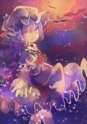 Rule 34 | 1girl, bat (animal), bat wings, bow, brooch, cha goma, hat, hat bow, highres, jewelry, light purple hair, moon, open mouth, purple eyes, remilia scarlet, solo, touhou, wings