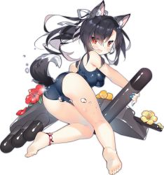 Rule 34 | &gt;:d, 1girl, :d, alternate costume, animal ears, ass, azur lane, bare legs, barefoot, black hair, eyes visible through hair, full body, holding, kneepits, long hair, looking at viewer, machinery, nail polish, official art, one-piece swimsuit, open mouth, red eyes, saru, school swimsuit, shigure (attack i-490!) (azur lane), shigure (azur lane), simple background, smile, solo, swimsuit, tail, torpedo, torpedo tubes, transparent background, v-shaped eyebrows, water drop, wolf ears, wolf tail