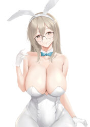 Rule 34 | 1girl, absurdres, akane (blue archive), akane (bunny) (blue archive), animal ears, bare shoulders, blue archive, breasts, brown eyes, cleavage, collarbone, commentary request, fake animal ears, glasses, gloves, grey hair, hair between eyes, hairband, highleg, highleg leotard, highres, huge breasts, leotard, long hair, looking at viewer, mippei, pantyhose, playboy bunny, rabbit ears, sidelocks, simple background, sleeveless, smile, solo, strapless, strapless leotard, white background, white gloves, white leotard, white pantyhose