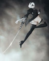 Rule 34 | 1girl, ass, back cutout, black blindfold, black dress, black footwear, black gloves, black hairband, blindfold, boots, breasts, closed mouth, clothes lift, clothing cutout, dress, dress lift, expressionless, gloves, hairband, high heels, highres, holding, holding sword, holding weapon, juliet sleeves, jumping, kumanz, long legs, long sleeves, looking at viewer, looking to the side, medium breasts, mole, mole under mouth, nier:automata, nier (series), pink lips, puffy sleeves, see-through, see-through legwear, short dress, short hair, smoke, solo, sword, thigh boots, thighhighs, thighs, vambraces, weapon, white hair, 2b (nier:automata)