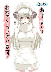 Rule 34 | animal costume, animal ears, arms behind back, blonde hair, breasts, detached sleeves, dress, horns, looking at viewer, open mouth, original, red eyes, sheep costume, sheep ears, sheep horns, simon (n.s craft), standing, white dress