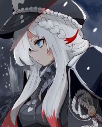 Rule 34 | 1girl, absurdres, armor, azur lane, black coat, black hat, blue eyes, breasts, closed mouth, coat, explosion, from side, hair between eyes, hat, highres, isb52765277, long hair, multicolored hair, night, odin (azur lane), outdoors, peaked cap, profile, red hair, solo, streaked hair, upper body, white hair