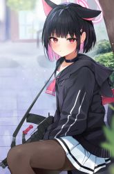 Rule 34 | 1girl, animal ears, black choker, black hair, black jacket, blue archive, blurry, blurry background, blurry foreground, blush, bob cut, bren lmg, brown pantyhose, cat ears, choker, closed mouth, colored inner hair, commentary, day, drawstring, gun, hair ornament, hairclip, halo, highres, holding, holding gun, holding weapon, hood, hood down, jacket, kazusa (blue archive), light machine gun, long sleeves, looking at viewer, multicolored hair, neckerchief, outdoors, pantyhose, pendant choker, pink hair, pink neckerchief, pleated skirt, racchi., red eyes, revision, short hair, sidelocks, sitting, skirt, solo, tree, weapon, white skirt