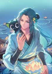Rule 34 | 2boys, animal, animal on shoulder, black cat, black hair, blue eyes, cat, cat on shoulder, flower, glowing, hair flower, hair ornament, hand up, highres, leaf, long hair, long sleeves, lotus, luo xiaohei, luo xiaohei (cat), luo xiaohei zhanji, multiple boys, suncle, twitter username, upper body, very long hair, wuxian (the legend of luoxiaohei), yellow flower
